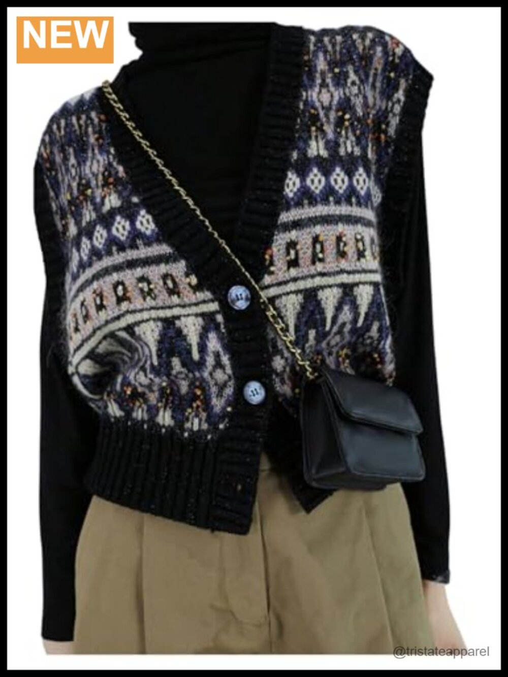 Women's Cropped Sweater Vest Geometric Pattern Buttons V-Neck